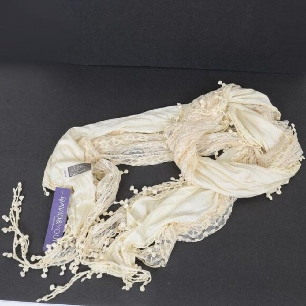 David & Young Women's Whimsical Floral Lace Tassles Beige Scarf Fairy Cottage